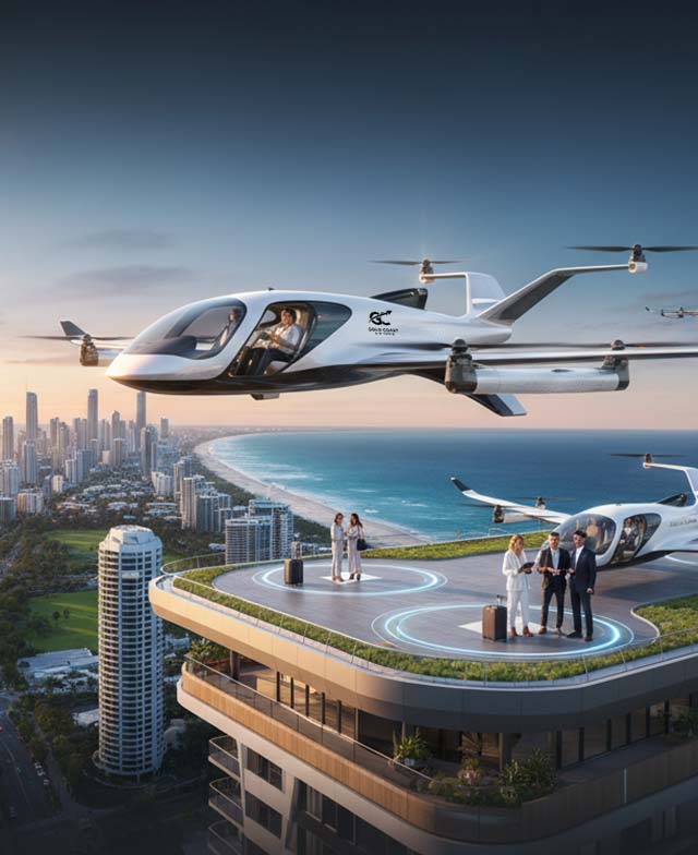 Concept eVTOL aircraft over Brisbane skyline